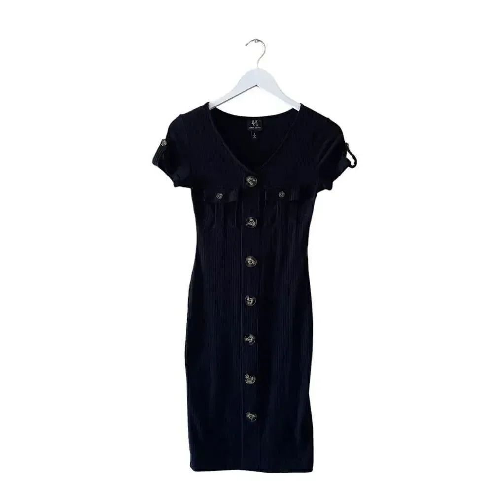 Derek Heart Black V-neck Short Sleeves Knitwear Oversized Buttons SZ S #1269